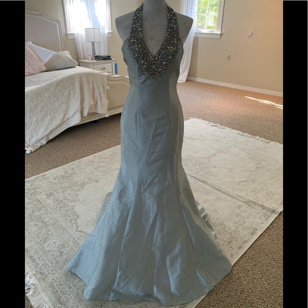Maggie Sottero Silver Beaded Mermaid Evening Gown Crystal Halter Formal Dress 10